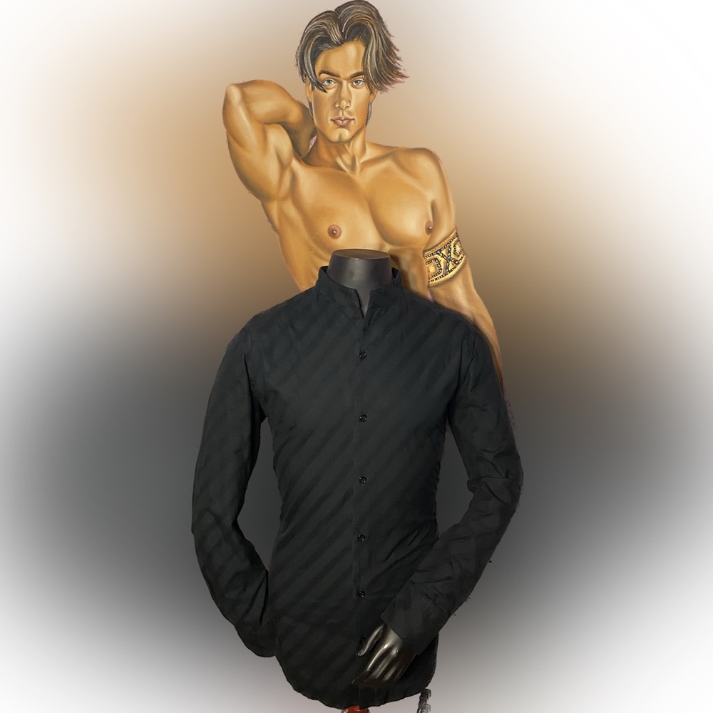Beautiful black long sleeve shirt stand collar